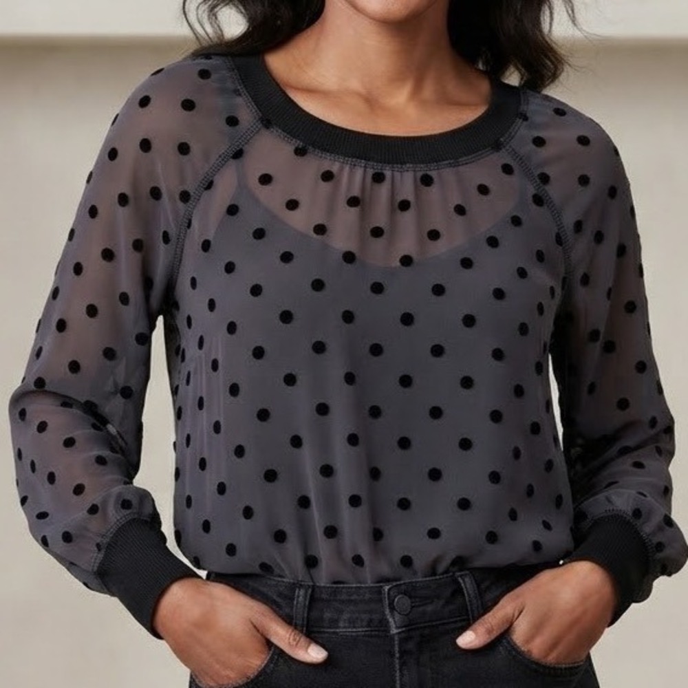 Olivia Moon Gray Sheer Velvet Polka Dot Ribbed Trim Blouse Small